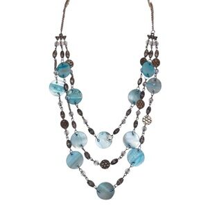 TURQUOISE SHELL NECKLACE Vintage Shell and Silver Tone 3 Strand Necklace